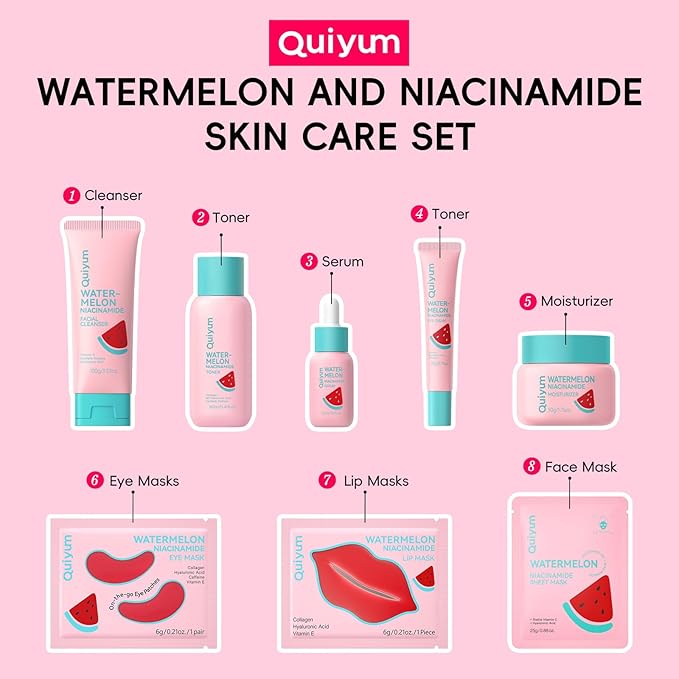QUIYUM Watermelon & Niacinamide Skin Care Sets, Routine Facial Skincare Product, Beauty for Women, Hydration, Moisturizing, Oil Control, Glow Up, Teen Girl Gifts Trendy Stuff, Spa-Like at Home