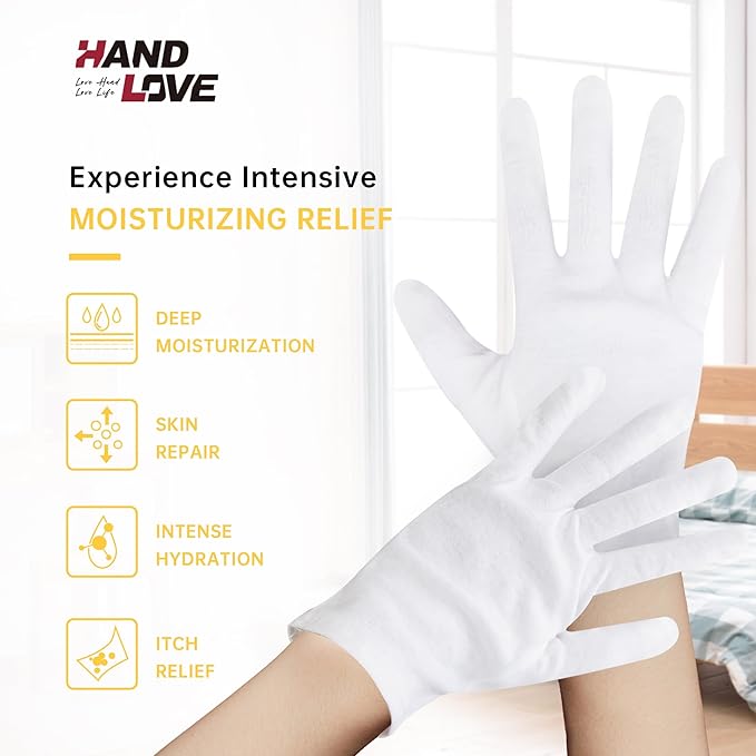 HandLove Premium 100% Cotton Gloves | Moisturizing Gloves for Dry Hands | Overnight Sleeping & Eczema | Extended Wrist White Pure Gloves, 12 Pairs, Santa Gloves
