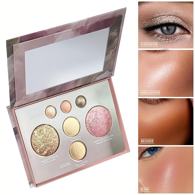 K'APEINE All in One Baked Makeup Palette, Dark Brown Eyeshadow, Blush Highlighter & Bronzer Face Kit Neutral Baked Powder Palette Hign Pigment Full Face Makeup Set Women (7colors)