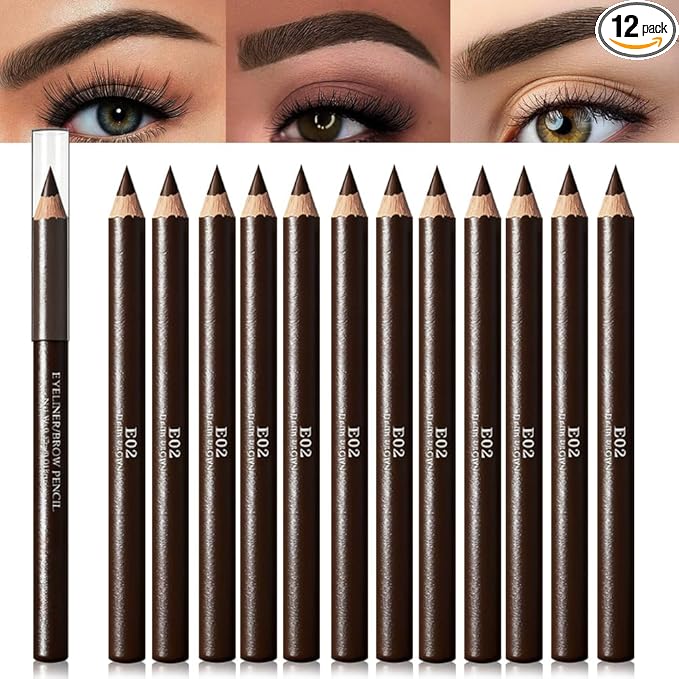 Eyebrow Pencils for Women, 12Pcs Hard-Core Wooden Eye Brow Eye Liner Pencils for Beginner Makeup, Black Coffee Brown Colors, Waterproof & Sweat-Proof (Coffee-12 Pcs-E02)
