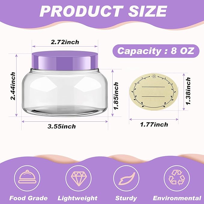 Tessco for you 24 Pack Plastic Jars with Lids Labels Multiuse Slime Containers Empty Body Scrub Jars Round Refillable Cosmetic Body Butter Container for Makeup (8 oz,Purple)