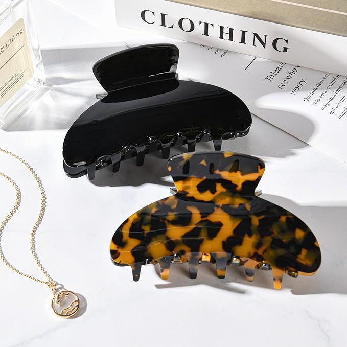 Aileam Acetate Hair Claw Clips for Women,Black Tortoise shell hair clip French Design Strong Hold Non-Slip claw clips for Thick Hair, 2 Pack