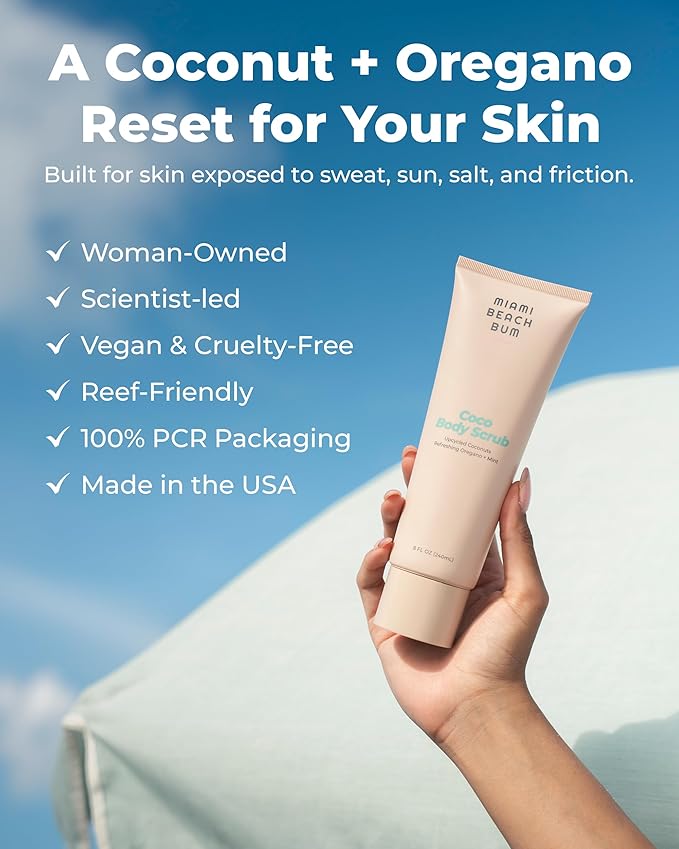Miami Beach Bum Coconut Body Scrub - 8 oz Coco Body Exfoliator Scrub with Oregano, Lactobacillus, Aloe, Glycerin & Coconut Oils for Breakouts & Irritation - Made with Upcycled Coconut Shells