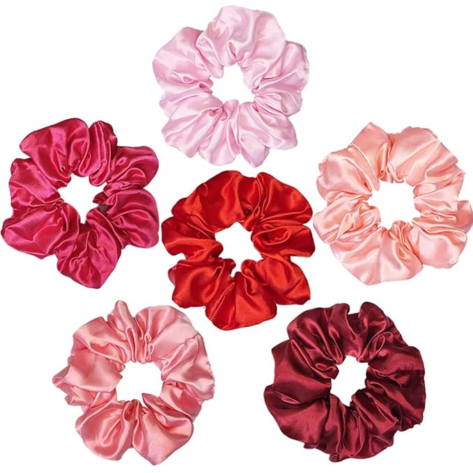 Sufermoe 6 Pcs Satin Silk Hair Scrunchies, Soft Hair Ties for Women and Girls, 4.5 Inch Hair Bands and Accessories in Assorted Red and Pink