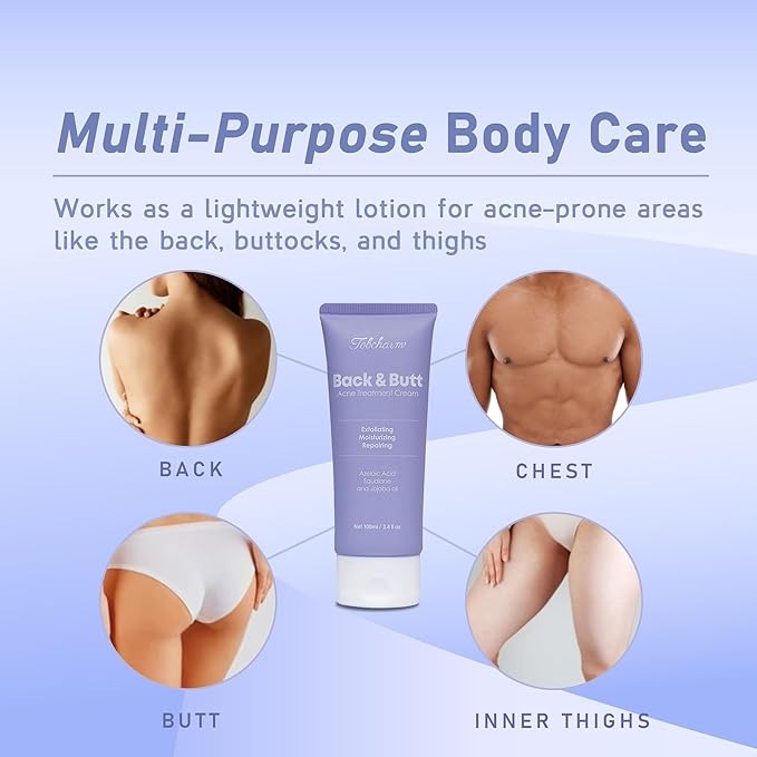 Butt Acne Clearing Treatment, Maximum Strength Body Cream for Back, Buttocks, Thigh & Chest Acne Removal, Skin Clearing Lotion for Men & Women, Foaming Cleanser for Bacne & Cystic Acne