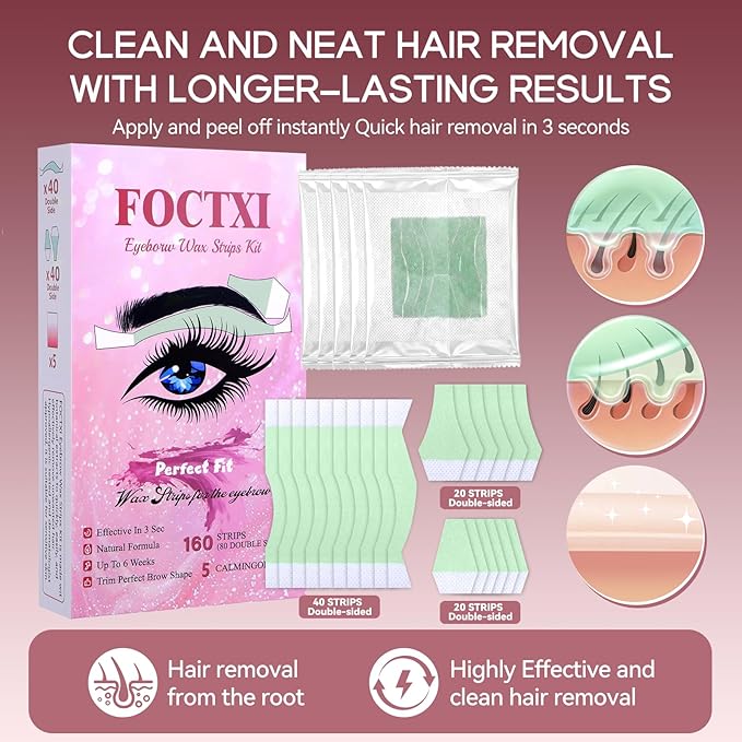 Facial Wax Strips Kit for Women – 80 Strips Hypoallergenic Eyebrow Wax Strips for Hair Removal Home Use + 5 Calming Oil Wipes, Suitable for All Skin Types