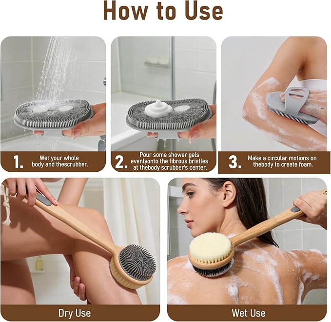 Back Scrubber for Shower + Body Scrubber 2 Pack - Dual Sided Silicone & Nylon Bristles Lather Well, Exfoliating Anti-Slip Wood Long Handle Back Scrubber Body Exfoliator for Wet/Dry Bath Brush Grey