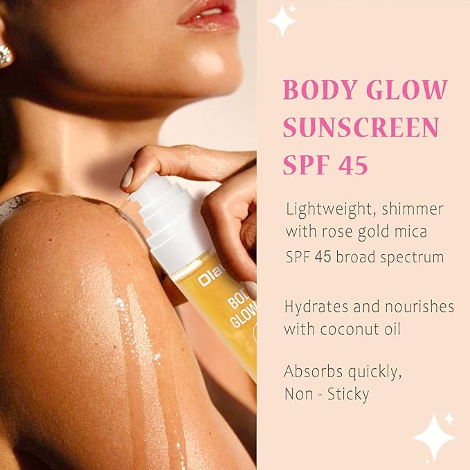 Sunscreen Body Oil SPF45 Body Glow Oil Moisturizer Serum with Coconut Oil for Dry Skin Nourishing Glowing Skin Care Body Shimmer Oils for Face & Boay,Lightweight, Non-Greasy