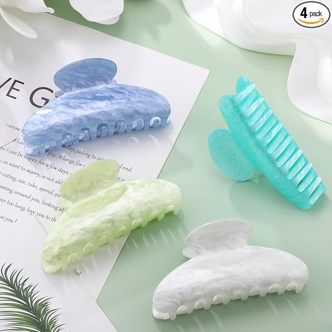 4.2 Inch Large Acrylic Claw Clips, Cute Green White Blue Hair Clips Strong Hold Hair Claw Barrettes for Thick Thin Hair, 4 Pack Stylish French Hair Accessories for Women Girls