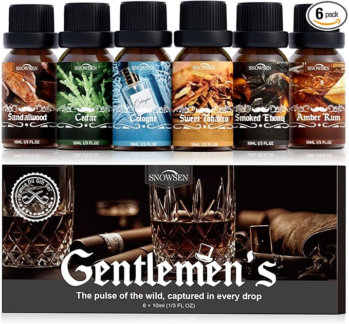 Men Diffuser Oils Gift Set for Father's Day, SNOWSEN Gentlemen's Essential Oil Set for Diffuser for Home, Candles Scents & Perfume, Sandalwood, Cologne, Smoked Ebony, Amber Rum, Cedar, Sweet Tobacco