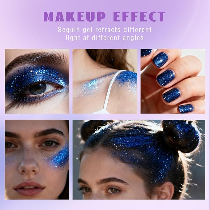 HOSAILY Roll-on Blue Body Glitter Gel for Face Hair, 4th of July Patriotic Veterans Day Accessories, Chunky Mermaid Sequins Festival Party Rave Outfits Halloween Face Paint Glitter Makeup for Women