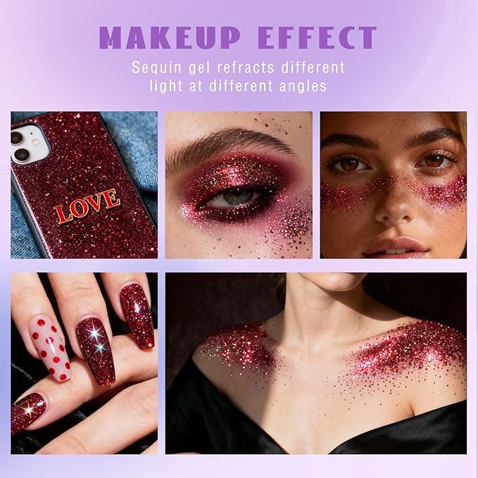 HOSAILY Roll-on Red Body Glitter Gel for Face Hair, Christmas Holographic Face Paint Glitter Mermaid Makeup, Sparkling Chunky Sequins Festival Party Rave Accessories Shimmer Makeup