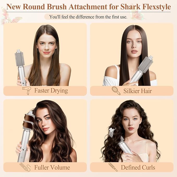 Upgraded Round Volumizing Brush for Shark Flex Style Attachment, Round Brush Compatible with Shark Flexstyle for Smooth Styling Adds Volume Curls(1.5in barrel, 2.6in with Bristles)