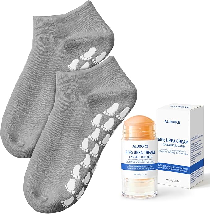 Silicone Moisturizing Socks with 60% Urea Cream- 2 in 1 Gel Socks & Urea Foot Cream for Dry Feet, Foot Care Moisturizing Socks for Dry Cracked Feet Women