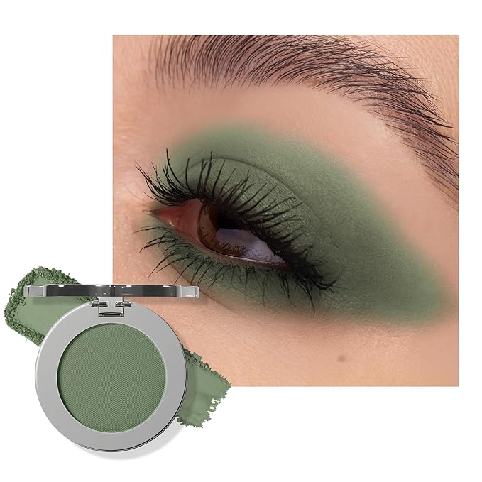 KYDA Forest Green Matte Eyeshadow Single, Dark Green Eyeshadow Compact, Ultra-fine Lightweight, Crease-proof High Pigmented Formula, Matte Mini Eyes Makeup, #104 Avocado Green