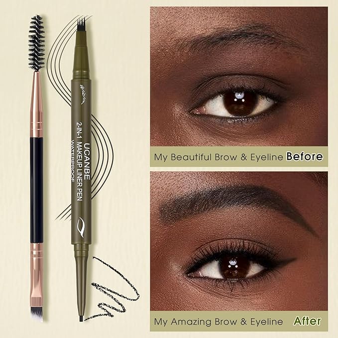 UCANBE Eyebrow Pencils for Women with Spoolie Brush, Dual-Ended Eyebrow Pen with 4-Fork-Tip & Gel Eyeliner, Microblading Brow Pen with Eyeliner Pencil + Brow Brush for Hair Like Brows, Soft Black