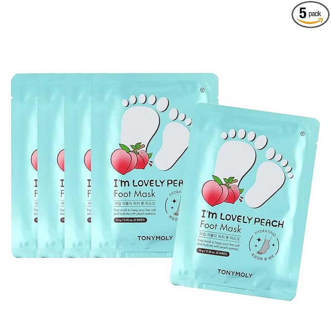 TONYMOLY I’m Lovely Peach Foot Mask – 5-Count Hydrating & Soothing Korean Foot Mask with Peach & Honeysuckle Extracts for Soft, Rejuvenated Feet
