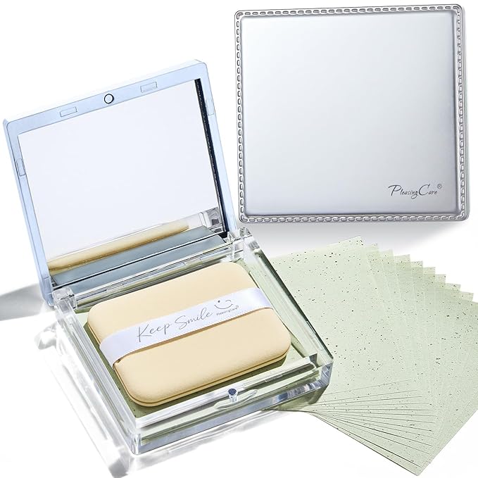 Makeup Mirror with Green-Tea Oil Blotting Sheets and Puff, 100 Count Facial Blotting Paper, Portable Compact for Purse, Travel and On-the-Go Touch-Ups