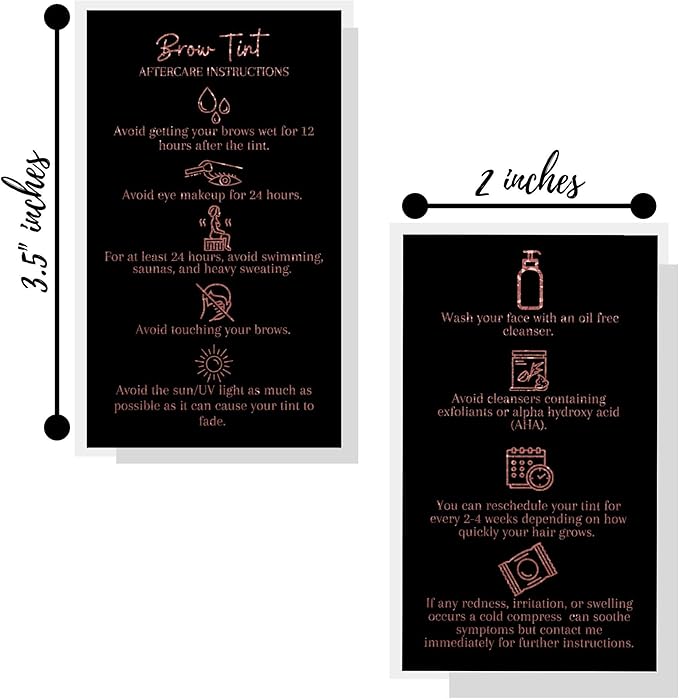 Brow Tint Aftercare Instruction Cards | 50 Pack | 2 x 3.5” inches Business Card Size | Starter Lift Kit with Tint at home diy aftercare supplies | Black with Rose Gold Design