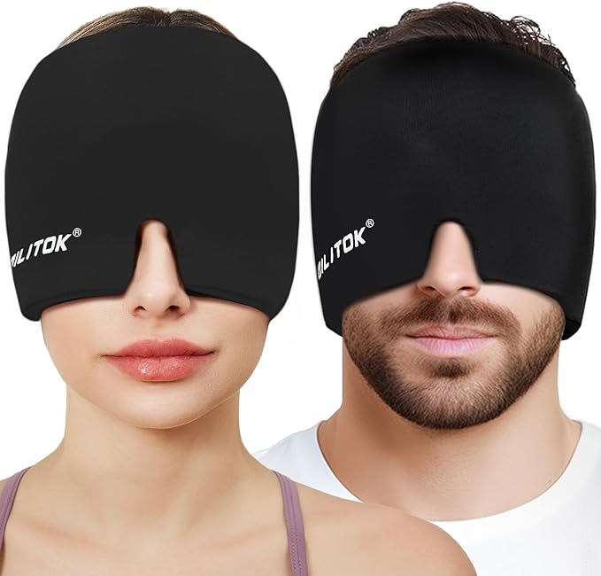 Migraine Relief Gel Ice Head Wrap, Hot and Cold Therapy Headache Relief Hat, Migraine Cap for Puffy Eyes, Headache Eyes Mask for Sinus, Tension and Stress Relief (Black & Black)