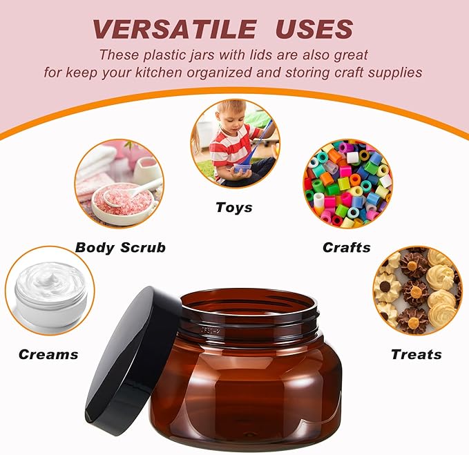 Tessco for you 48 Pack Plastic Jars with Lids Labels Multiuse Slime Containers Empty Body Scrub Jars Round Refillable Cosmetic Body Butter Container for Makeup (8 oz,Brown)