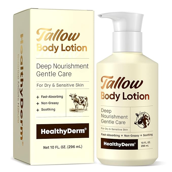 Beef Tallow Body Lotion for Skin: Grass-Fed Daily Moisturizing Cream for Dry, Mature & Crepey Skin, Fast-Absorbing, Non-Greasy, Fragrance-Free Moisturizer with Aloe & Shea Butter, 10 fl oz