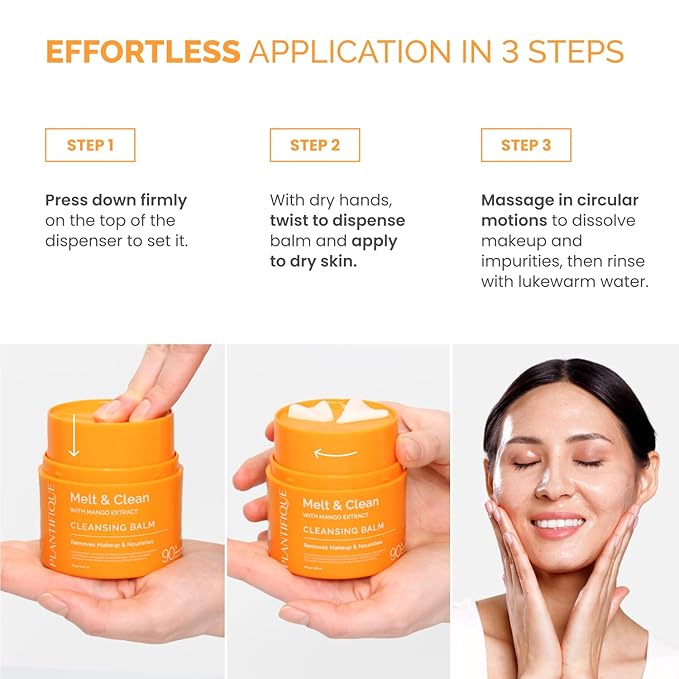 PLANTIFIQUE Korean Cleansing Balm Makeup Remover with Mango & Papaya Extracts, Hyaluronic Acid and Ceramide - Nourishing Melting Cleanser for All Skin Types 1.41 oz / 40 g
