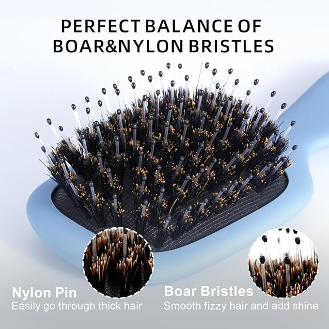 Mini Boar Bristles Hair Bursh, Travel Size Hair Brush for Women Men Kids, Protable Small Hair Brush for Pockets Purses, Mini Detangler Brush for Smooth Add Shine(Blue)