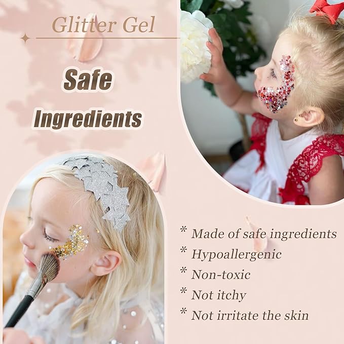 Face Body Glitter, Hair Glitter Sparkles Chunky Face Glitter Gel for Girls Makeup Singer Concerts Mermaid Festival Sequins Face Paint (Pink+Blue+Purple+Rose+White+Silver+Gold)