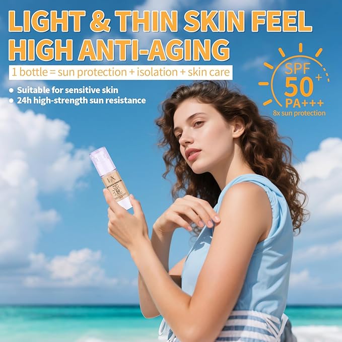 Tinted Face Sunscreen - Waterproof & Lightweight Liquid Foundation with SPF 50++, 3-in-1 Full Coverage Foundation Smooths & Blurs Pores, 206 Medium