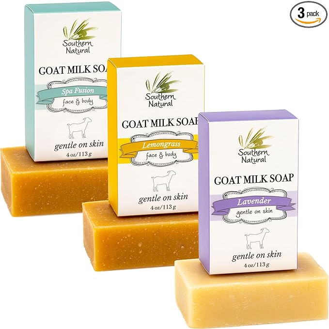 Southern Natural Goat Milk Soap Bar (Variety 3 Pack) Lavender, Lemongrass, Spa Fusion - For Dry Sensitive Skin. Natural Handmade Soap For Face and Body.(Each Bar 4-4.5 oz)