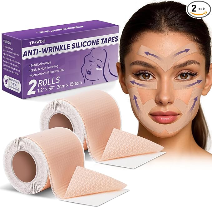 TEAWOO Anti Wrinkle Silicone Scar Tape for Face, Wrinkle Patches for Face & Forehead, Face Tape for Wrinkle Overnight, 2 Rolls (1.2" x 59" Per Roll)