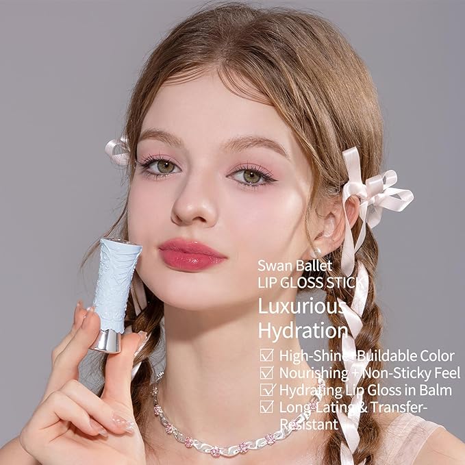 Flower Knows Little Angel Cream Blush and Swan Ballet Shine Lip Gloss Stick Set,Buildable & Blendable Dewy Makeup,Soft Long-Lasting Cute Make Up(Blush 04 Rose Ashes + Lipstick B06 Blue Ribbon)