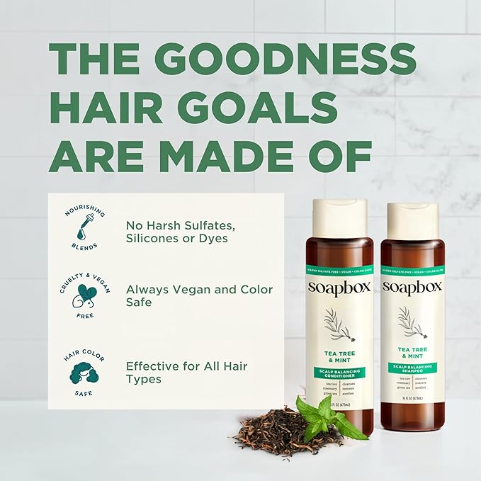 Soapbox Tea Tree & Mint Shampoo, Leaves Hair & Scalp Balanced & Soothed - Clean Ingredients Free of Harsh Chemicals, Sulfates, Parabens & Silicones - Purifying Shampoo for Dry Scalp, 33.8 oz Liter