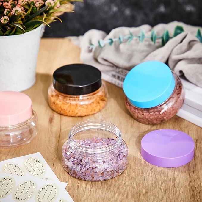 Tessco for you 24 Pack Plastic Jars with Lids Labels Multiuse Slime Containers Empty Body Scrub Jars Round Refillable Cosmetic Body Butter Container for Makeup (5 oz,Multicolor)