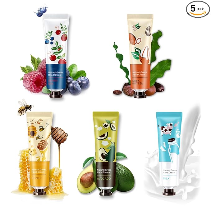 5 Pack Natural Fruit Fragrance Hand Cream for Dry Hands,Moisturizing Hand Care Cream Hand Lotion Travel Gift Set,Travel Size Hand Lotion Set for Men and Women-30ml