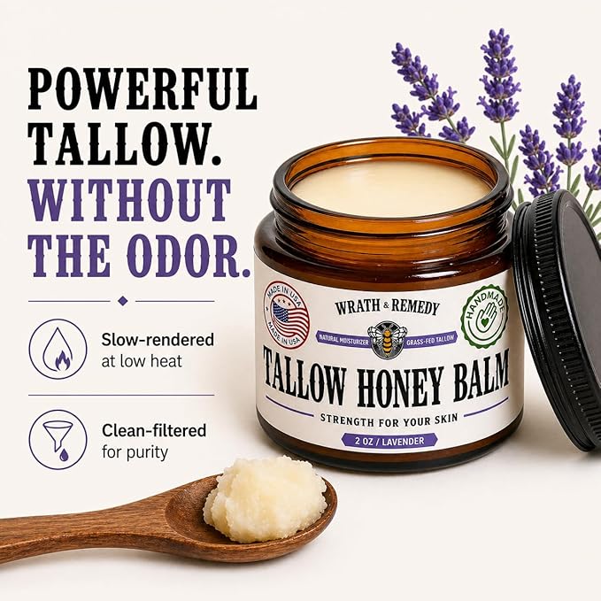 Organic Beef Tallow for Skin - 2OZ (Lavender, Concentrated) — US-Made Grass Fed Tallow and Honey Balm Moisturizer for Face, Hands & Body — Intensive Care for Dry Sensitive Skin, Eczema (No Additives)