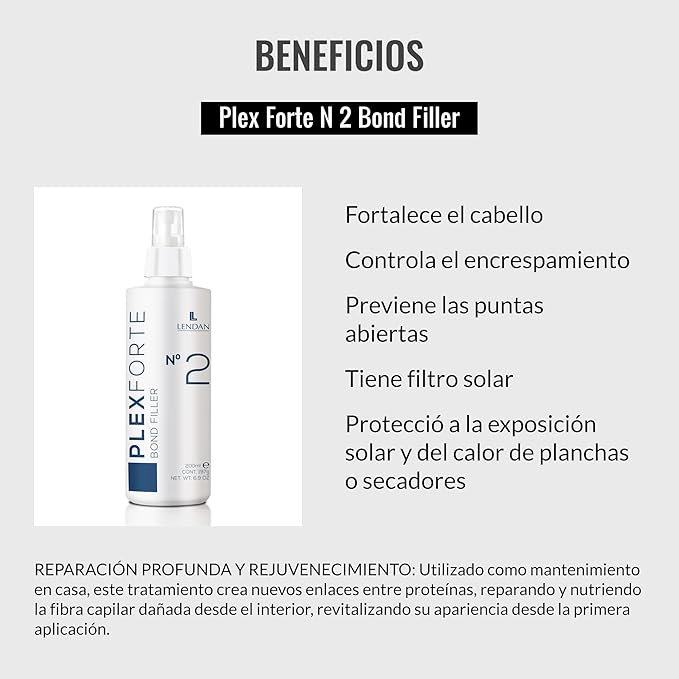 Lendan - Damaged Hair Repair Treatment - Plex Forte Nº2 Bond Filler - 200 ml - Strengthens Hair - Nourishes and Repairs Damaged Hair - Preserves Color Longer - Heat Protector