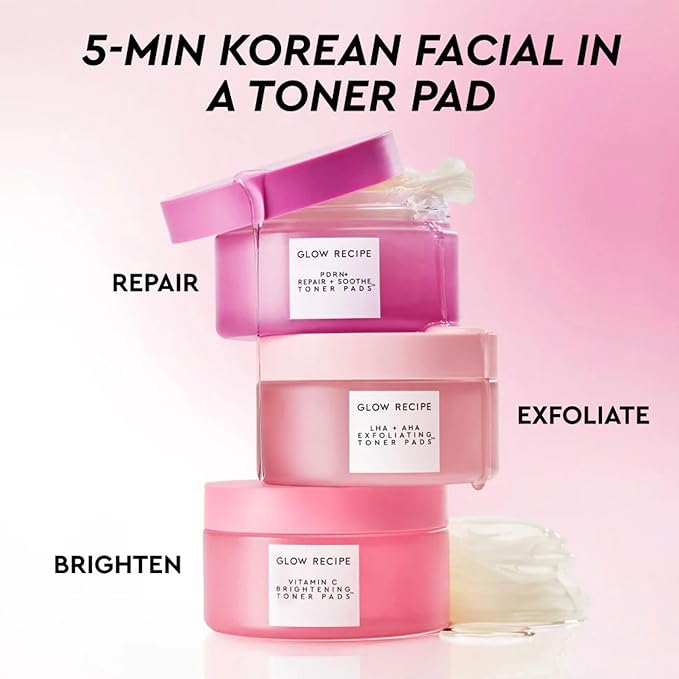 Glow Recipe Toner Pads Kit Trial Set, 12-Piece Korean Toner Pad Kit with Exfoliating, Soothing & Brightening Pads, Fragrance-Free 5-Minute Facial Treatment for Sensitive Skin
