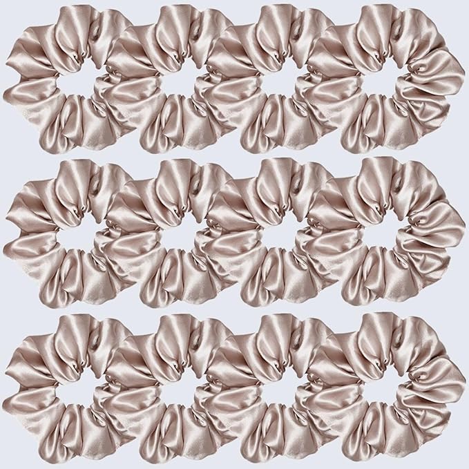 12 Pcs Satin Silk Scrunchies, Soft Hair Ties, Fashion Bands, Bows, Ropes, Elastic Bracelets, Ponytail Holders, Hair Accessories for Women and Girls (4.5 Inch, Champagne)