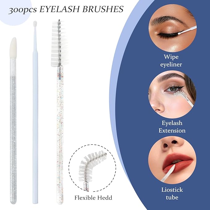 300 PCS Eyelash Extension Supplies Kit, Disposable Micro Swab Brush, Eyebrow Spoolie, Lip Brush, Mascara Wand Applicator (Colorful White Kits)
