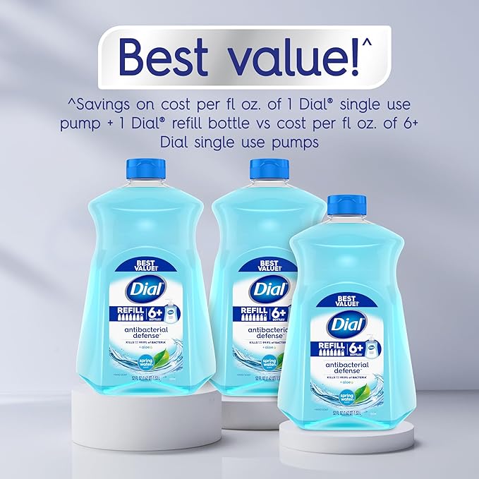 Dial Antibacterial Defense Liquid Hand Soap + Aloe, Spring Water Scent, 52 Fl Oz Hand Soap Refill (Pack of 3), Dermatologist-Tested, Gentle Formula