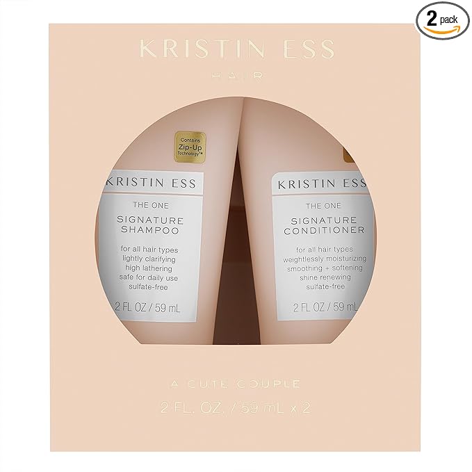 Kristin Ess Signature Travel Size Salon Shampoo + Conditioner Set for Moisture, Softness + Shine - Anti Frizz + Lightly Clarifying - Sulfate Free, Vegan + Safe for Color Treated Hair - Mini Travel Set