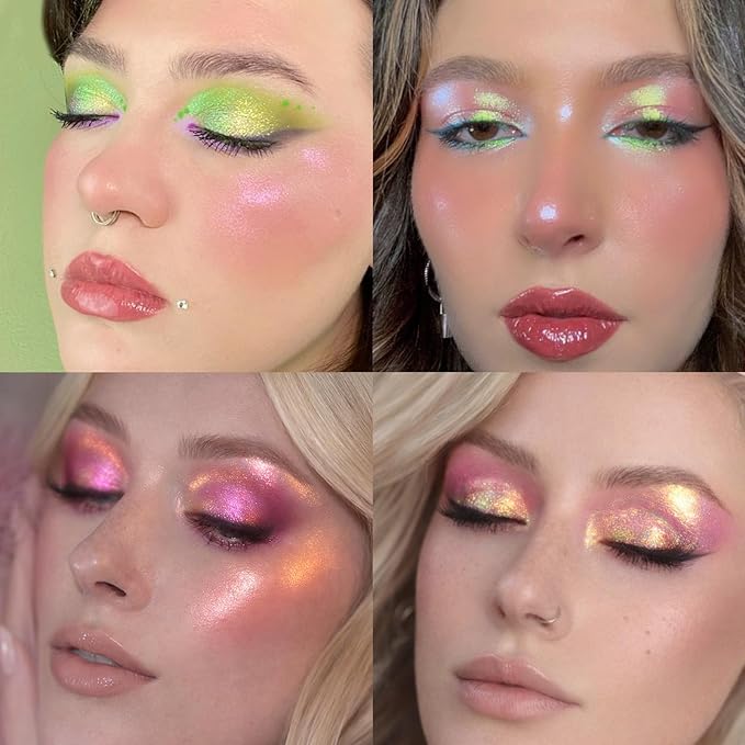 Afflano Chameleon Eyeshadow Half Magic, Multichrome Duo Chrome Eyeshadow Palette Color Shift, Holographic Sparkle Blue-Pink-Purple Rainbow Glitter Eyes Shadow Makeup, Iridescent Face Highlighter, #02