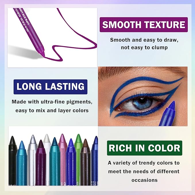 12PCS Colorful Eyeliner Pencils Set Black White Green Blue Brown Red Colored Gel Glitter Metallic Eyeliner Pencils Waterproof Long-Lasting Professional Eye Liner Makeup Kit
