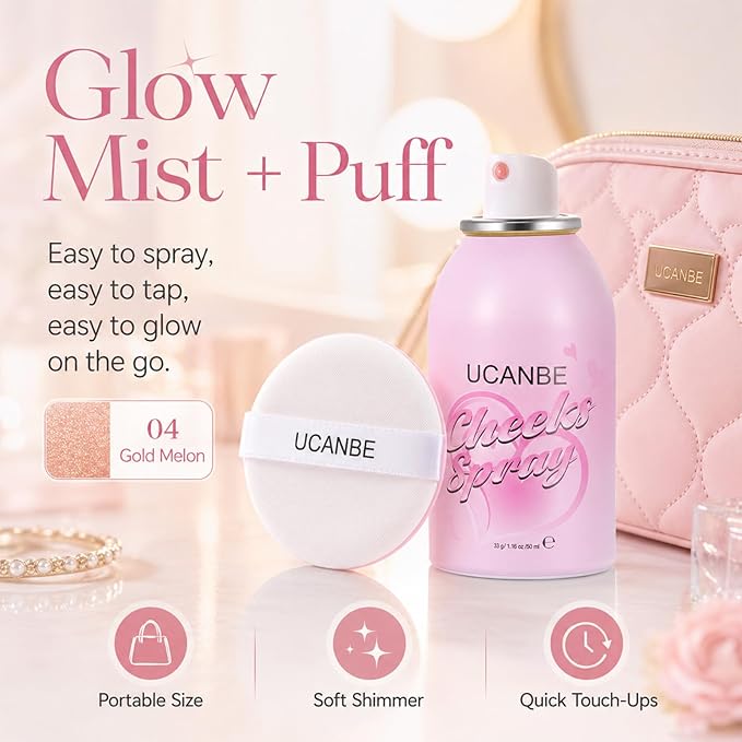 UCANBE Blush Spray with Puff, Hydrating Liquid Blush Mist for Cheeks - Soft Pigmented Buildable Blendable Breathable Blush, Healthy Dewy Glow Finish, Talc-Free, 04 Golden Melon (1.16 oz)