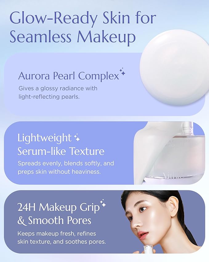 Aurora Glow Grip Primer Prep - Korean Illuminating Makeup Base for Radiant Skin - 8-Layer Hyaluronic Acid and Ceramides - Pore Minimizing, Sebum Control, Long Lasting Makeup, 1.01 fl.oz.