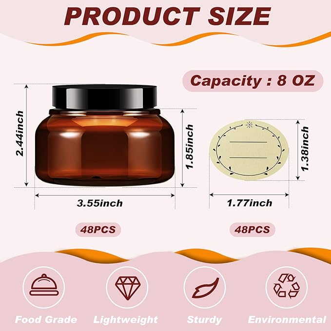 Tessco for you 48 Pack Plastic Jars with Lids Labels Multiuse Slime Containers Empty Body Scrub Jars Round Refillable Cosmetic Body Butter Container for Makeup (8 oz,Brown)