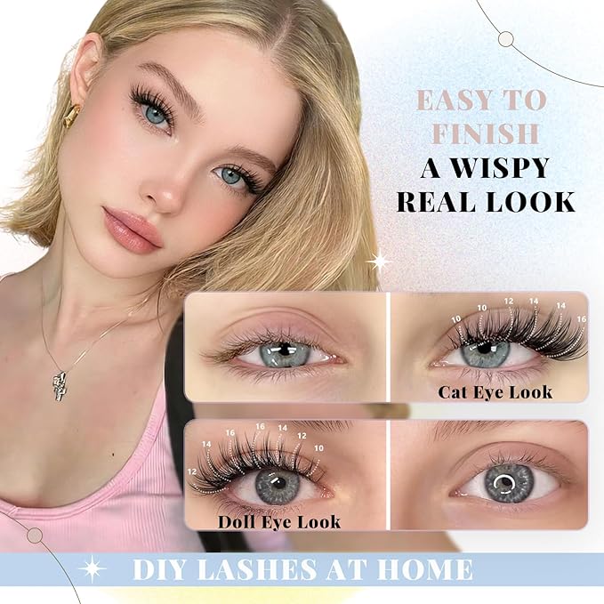 Wispy Lash Clusters Kit, Natural Lash Cluster Eyelash Extensions 320 Pcs C Curl 10-16mm Individual Fluffy False Eyelashes Thin Band DIY Kit for Beginners at Home with Bond Seal Tweezers Brush