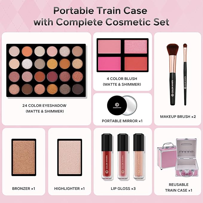 Color Nymph Beginner Makeup Kit For Teens With The Small Cosmetic Train Case Included 24-Colors Eyeshadow Palette Blushes Bronzer Highlighter Lipstick Brushes Mirror(Pink)